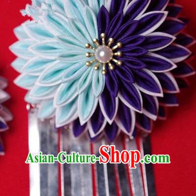 Japanese Geisha Kimono Purple and Blue Chrysanthemum Hair Claw Hairpins Traditional Yamato Hair Accessories for Women