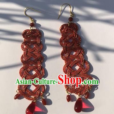 Japanese Ancient Red Thread Pearl Ear Accessories Traditional Kimono Earrings for Women