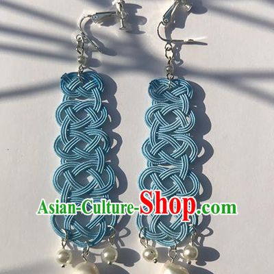 Japanese Ancient Blue Thread Pearl Ear Accessories Traditional Kimono Earrings for Women