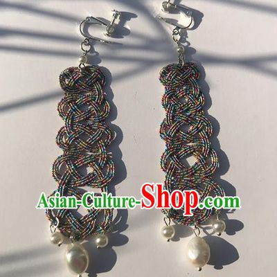 Japanese Ancient Colorful Thread Pearl Ear Accessories Traditional Kimono Earrings for Women
