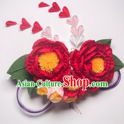Japanese Geisha Kimono Red Camellia Tassel Hair Claw Hairpins Traditional Yamato Hair Accessories for Women