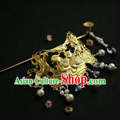 Chinese Ancient Princess Golden Mandarin Duck Tassel Hair Crown Hairpins Traditional Hanfu Hair Clip Hair Accessories for Women