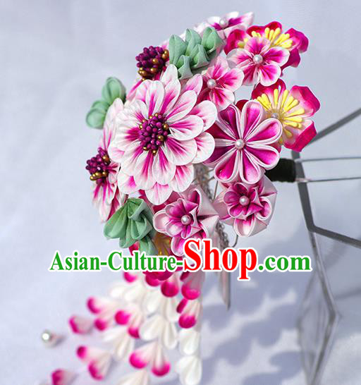 Japanese Geisha Kimono Pink Peony Ball Tassel Hairpins Traditional Yamato Hair Accessories for Women
