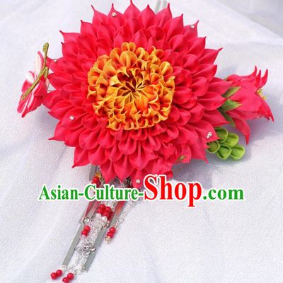 Japanese Geisha Kimono Red Sunflower Hairpins Traditional Yamato Hair Accessories for Women