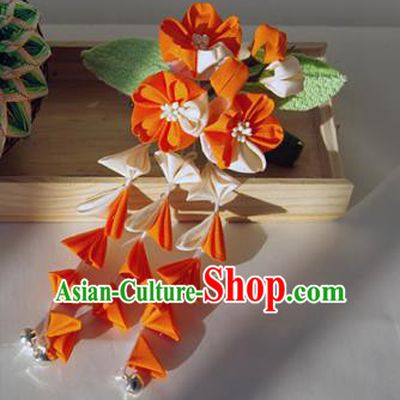 Japanese Geisha Kimono Orange Sakura Tassel Hair Claw Hairpins Traditional Yamato Hair Accessories for Women