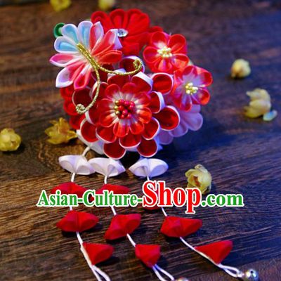 Japanese Geisha Kimono Red Peony Butterfly Tassel Hairpins Traditional Yamato Hair Accessories for Women