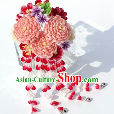 Japanese Geisha Kimono Pink Peony Tassel Hairpins Traditional Yamato Hair Accessories for Women