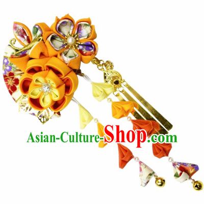 Japanese Geisha Kimono Orange Sakura Bells Tassel Hair Claw Hairpins Traditional Yamato Hair Accessories for Women