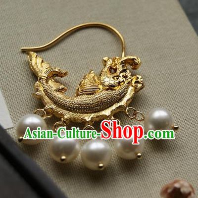 Chinese Ancient Court Golden Carp Earrings Traditional Princess Hanfu Jewelry Accessories for Women