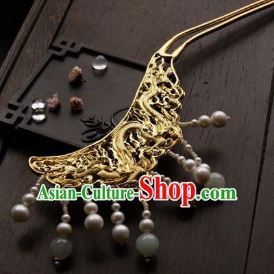 Chinese Ancient Queen Golden Dragon Tassel Hairpins Traditional Hanfu Hair Clip Hair Accessories for Women