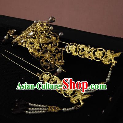 Chinese Ancient Ming Dynasty Golden Crane Hairpins Hair Crown Traditional Hanfu Hair Accessories for Women