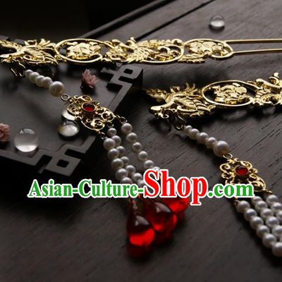 Chinese Ancient Ming Dynasty Golden Crane Tassel Hairpins Step Shake Traditional Hanfu Hair Accessories for Women