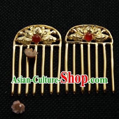 Chinese Ancient Queen Golden Carving Lotus Hair Comb Hairpins Traditional Hanfu Hair Accessories for Women