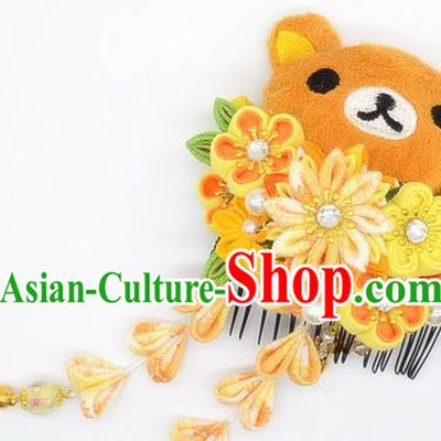 Japanese Geisha Oiran Kimono Yellow Chrysanthemum Sakura Tassel Hair Comb Hairpins Traditional Yamato Hair Accessories for Women