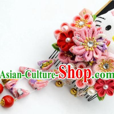 Japanese Geisha Oiran Kimono Pink Chrysanthemum Sakura Tassel Hair Comb Hairpins Traditional Yamato Hair Accessories for Women