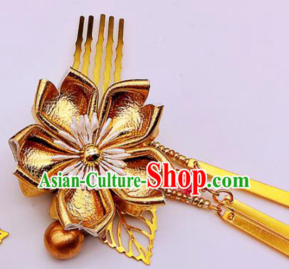 Japanese Geisha Courtesan Kimono Golden Sakura Hair Comb Hairpins Traditional Yamato Hair Accessories for Women