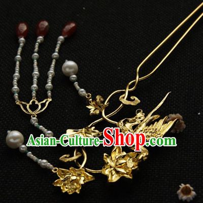 Chinese Ancient Tang Dynasty Queen Golden Parrot Lotus Hairpins Tassel Step Shake Traditional Hanfu Hair Accessories for Women