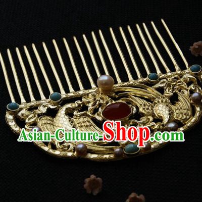 Chinese Ancient Tang Dynasty Queen Golden Parrot Agate Hair Comb Hairpins Traditional Hanfu Hair Accessories for Women