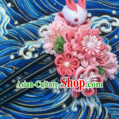 Japanese Geisha Courtesan Kimono Pink Chrysanthemum Rabbit Hairpins Traditional Yamato Hair Accessories for Women