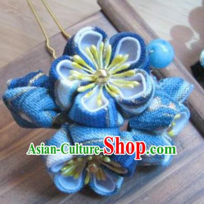 Japanese Geisha Courtesan Blue Sakura Hairpins Traditional Yamato Kimono Hair Accessories for Women