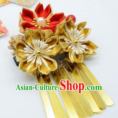 Japanese Geisha Courtesan Kimono Golden Sakura Tassel Hair Claw Hairpins Traditional Yamato Hair Accessories for Women