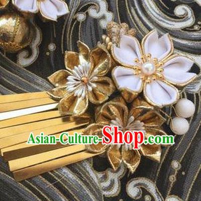 Japanese Geisha Courtesan Kimono White Sakura Tassel Hair Claw Hairpins Traditional Yamato Hair Accessories for Women