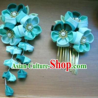 Japanese Geisha Courtesan Green Sakura Hair Stick Hairpins Traditional Yamato Kimono Hair Accessories for Women