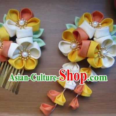 Japanese Geisha Courtesan Yellow Sakura Hair Stick Hairpins Traditional Yamato Kimono Hair Accessories for Women