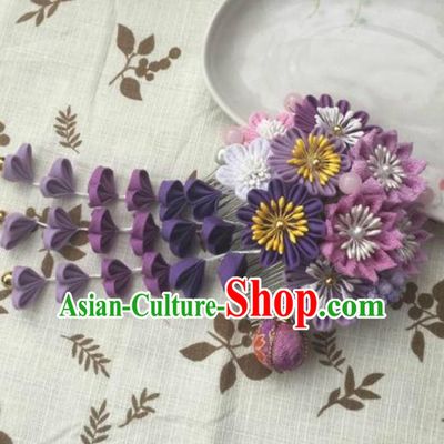 Japanese Geisha Courtesan Kimono Purple Chrysanthemum Tassel Hair Comb Hairpins Traditional Yamato Hair Accessories for Women