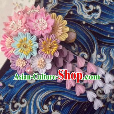 Japanese Geisha Courtesan Kimono Lilac Chrysanthemum Tassel Hair Comb Hairpins Traditional Yamato Hair Accessories for Women