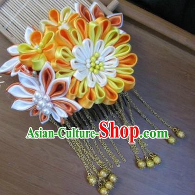 Japanese Geisha Courtesan Yellow Chrysanthemum Hair Comb Traditional Yamato Kimono Hair Accessories for Women