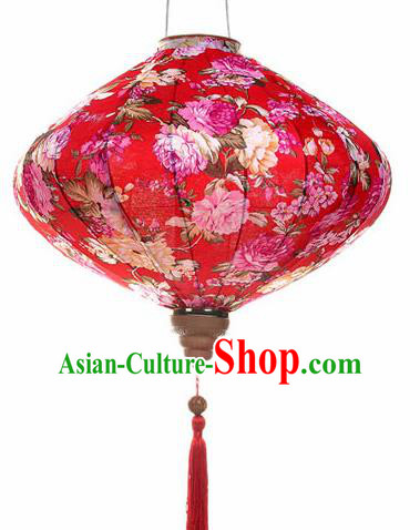 Chinese Traditional Red Silk Hanging Lantern New Year Handmade Painting Peony Palace Lanterns