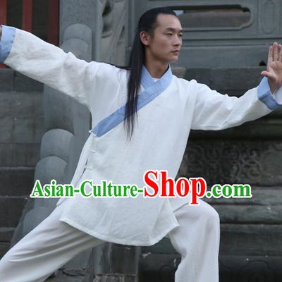Chinese Traditional Martial Arts Blue Slant Opening Costumes Kung Fu Tai Chi Competition Clothing for Men