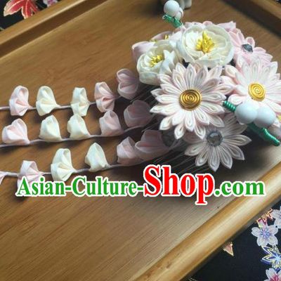 Japanese Geisha Courtesan Kimono White Chrysanthemum Tassel Hair Comb Hairpins Traditional Yamato Hair Accessories for Women