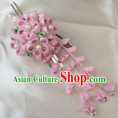 Japanese Geisha Courtesan Kimono Pink Sakura Tassel Hairpins Traditional Yamato Hair Accessories for Women