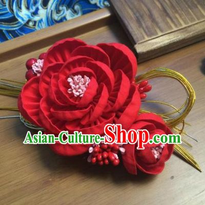Japanese Geisha Courtesan Kimono Red Camellia Hairpins Traditional Yamato Hair Accessories for Women