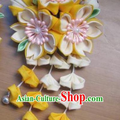 Japanese Geisha Courtesan Yellow Sakura Tassel Hairpins Traditional Yamato Kimono Hair Accessories for Women