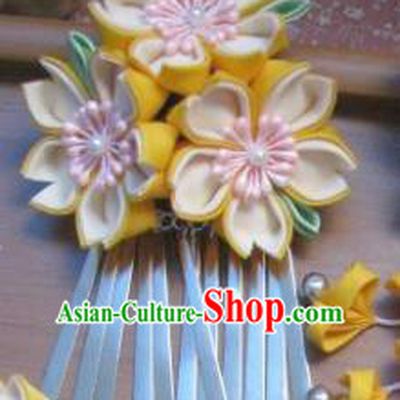 Japanese Geisha Courtesan Yellow Sakura Hair Claw Hairpins Traditional Yamato Kimono Hair Accessories for Women