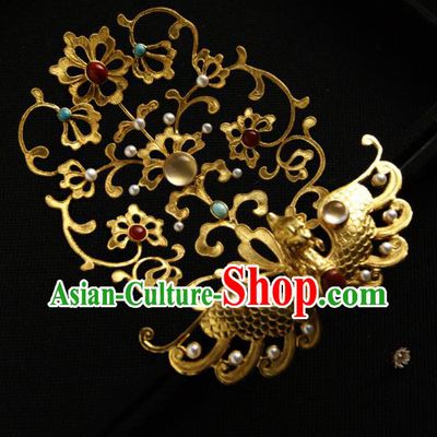 Chinese Ancient Tang Dynasty Queen Hairpins Golden Peacock Hair Crown Traditional Hanfu Hair Accessories for Women
