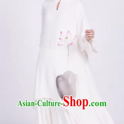 Chinese Traditional Tang Suit Martial Arts Ink Painting Lotus White Blouse Tai Chi Competition Costume for Women