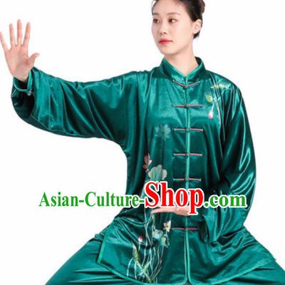 Chinese Traditional Tang Suit Green Velvet Clothing Martial Arts Tai Chi Competition Costume for Women