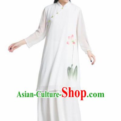 Chinese Traditional Tang Suit Ink Painting Lotus Clothing Martial Arts Tai Chi Competition Costume for Women