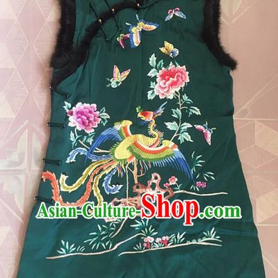 Chinese Traditional Tang Suit Embroidered Phoenix Peony Vest National Costume Green Waistcoat for Women