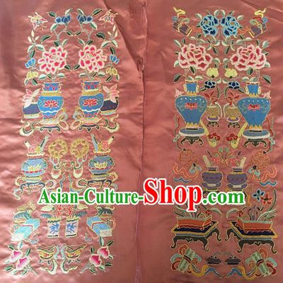 Chinese Handmade Embroidered Flowers Vase Pink Silk Fabric Patch Traditional Embroidery Craft