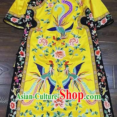 Chinese Traditional Tang Suit Embroidered Phoenix Peony Yellow Cheongsam National Costume Qipao Dress for Women