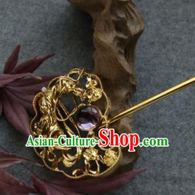 Chinese Ancient Ming Dynasty Queen Amethyst Hairpins Golden Hair Clip Traditional Hanfu Hair Accessories for Women