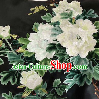 Chinese Handmade Embroidered White Peony Silk Fabric Patch Traditional Embroidery Craft
