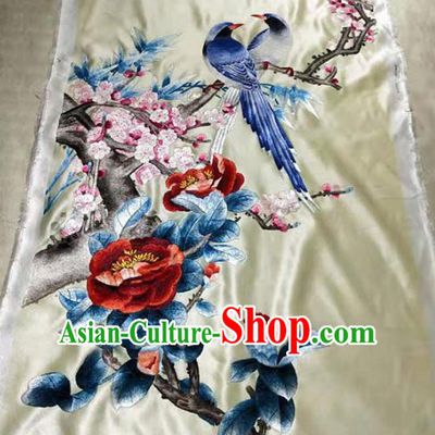 Chinese Handmade Embroidered Camellia Magpie Silk Fabric Patch Traditional Embroidery Craft