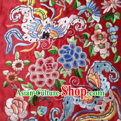 Chinese Handmade Embroidered Phoenix Peony Red Silk Fabric Patch Traditional Embroidery Craft