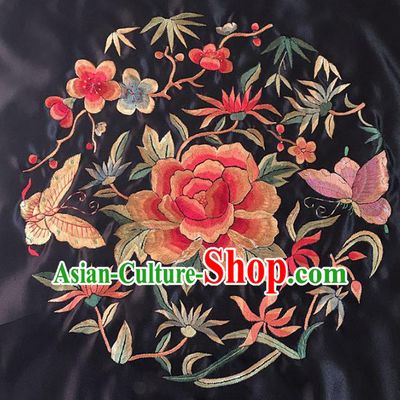 Chinese Handmade Embroidered Peony Plum Silk Fabric Patch Traditional Embroidery Craft